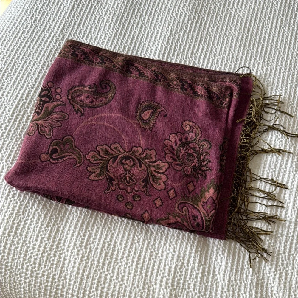 Purple Floral Paisley Embroidered Scarf with Fringe